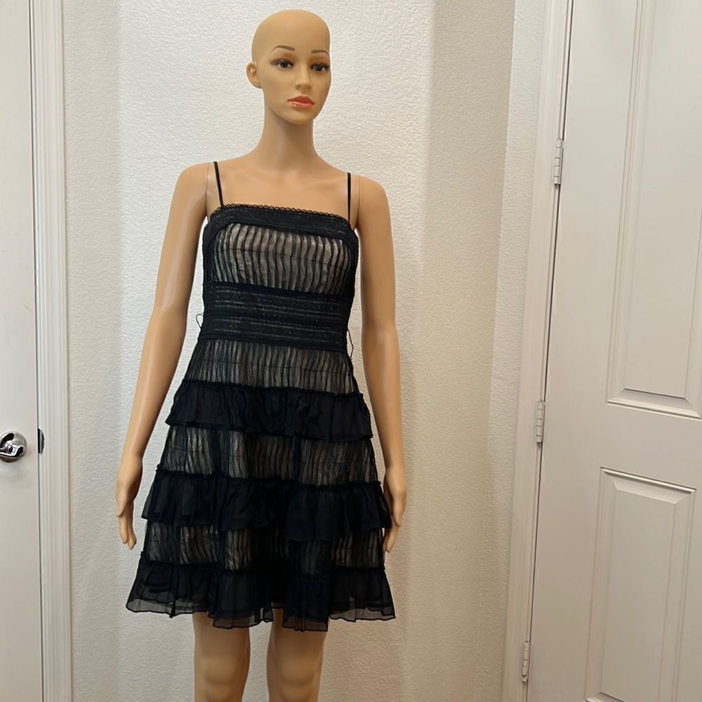 Guess By Marciano Dress Size XS Black Sheer Lined Spaghetti Straps Mini Ruffles